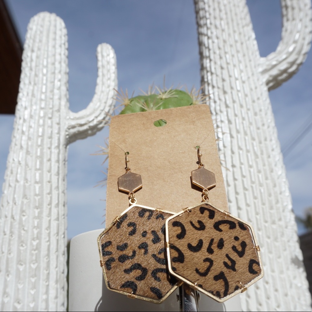 Leopard print leather gold trim earrings